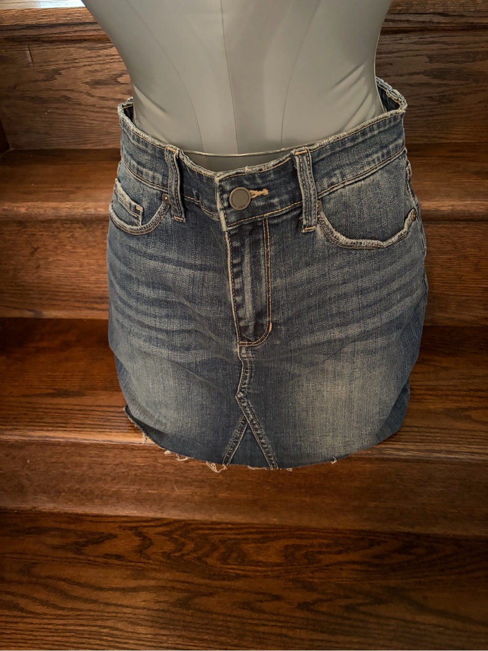 Washed Blue Denim Mini Skirt with Front Seam